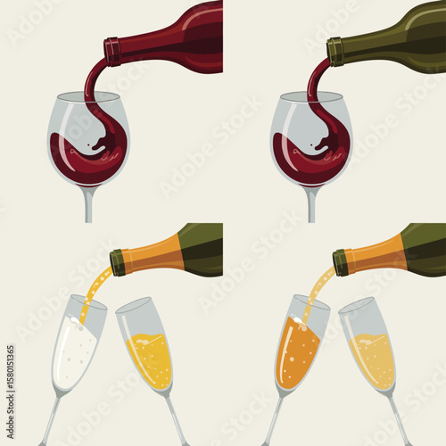 Bottles pouring red wine and champagne into glasses for celebration