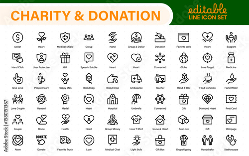 charity and donation icon set. charity and donation icon set, Help, volunteer, donated assistance, sharing, and solidarity symbol. Outline icons  collection.