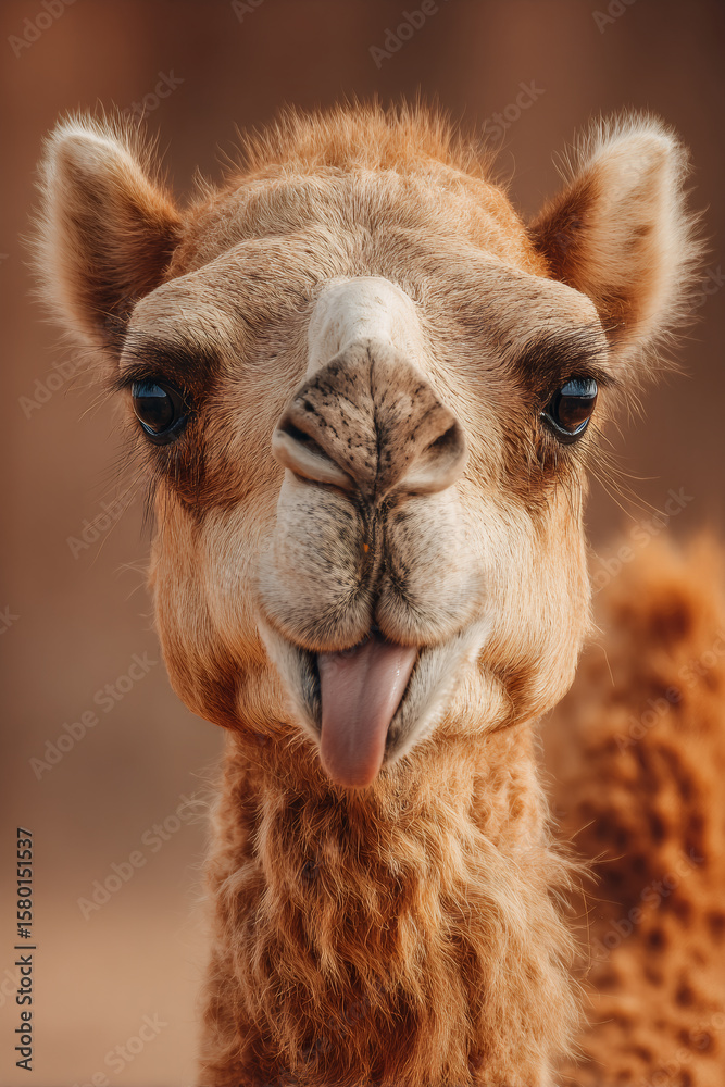 Obraz premium Close up portrait of a camel with its tongue sticking out. Funny animal expression for humor, wildlife, and desert life.