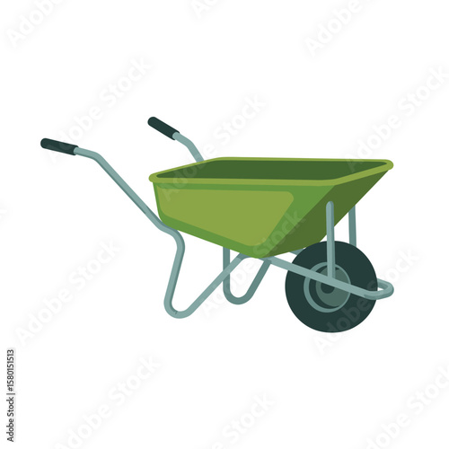 Green garden wheelbarrow with one wheel and two handles isolated on white background