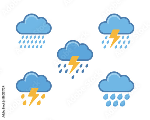 Collection of stylized weather icons showing rain and thunderstorms against a white background