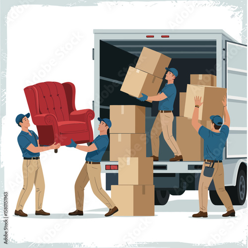 Movers carefully carry a red armchair and stack boxes into a moving truck