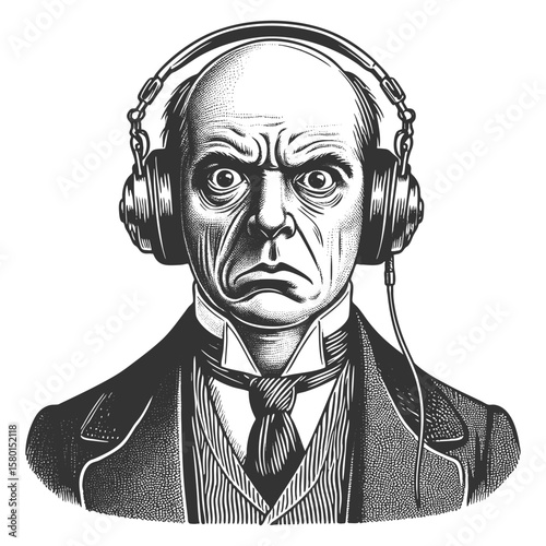 Victorian gentleman in formal attire, humorously wearing modern headphones with a shocked expression sketch engraving generative ai fictional character vector. Scratch board. Black and white.