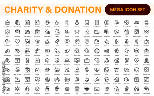 charity and donation icon set. charity and donation icon set, Help, volunteer, donated assistance, sharing, and solidarity symbol. Outline icons  collection.