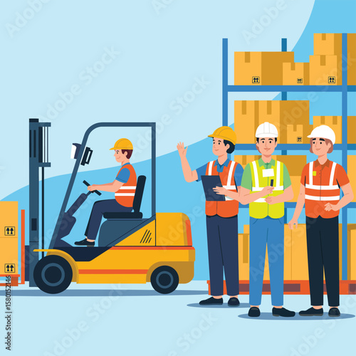 Warehouse workers and forklift operator coordinating tasks in a busy storage facility