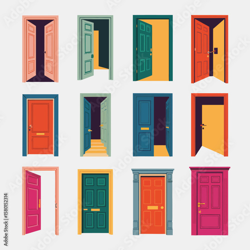Collection of colorful open and closed doors in a grid pattern