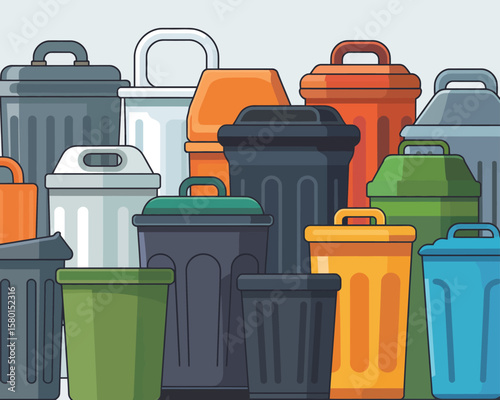 Collection of colorful trash cans and recycling bins in a row