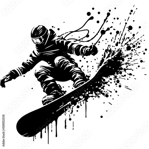 Snowboard Silhouette Grunge Splatter and Dripping Spray Effects