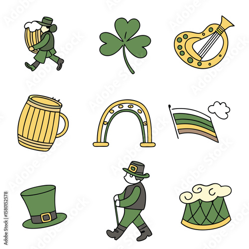 Celebrate Saint Patrick's Day with festive graphics elements featuring shamrocks, leprechauns, beer, and traditional Irish symbols.