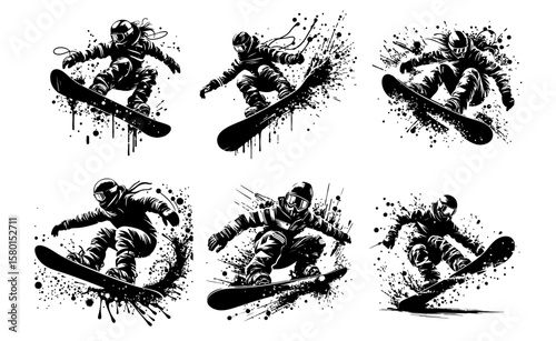 Snowboard Silhouette Grunge Splatter and Dripping Spray Effects