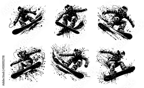 Snowboard Silhouette Grunge Splatter and Dripping Spray Effects