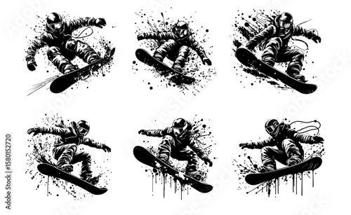 Snowboard Silhouette Grunge Splatter and Dripping Spray Effects
