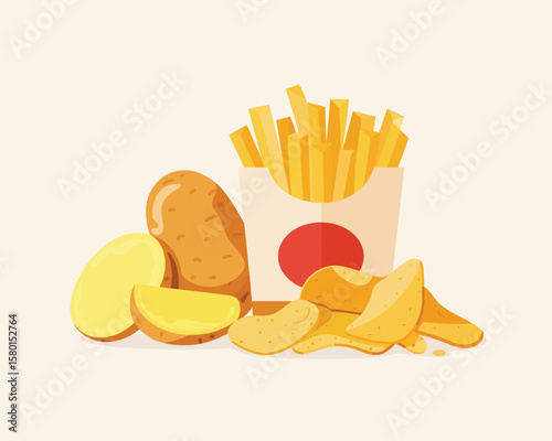 Illustration of potatoes french fries and potato chips on a light background