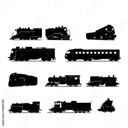 Collection of diverse train silhouettes, showcasing historical steam engines and modern high-speed locomotives on a clean white background.