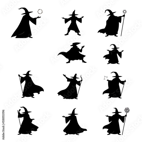 A collection of mystical wizard and sorcerer silhouettes in various magical poses, perfect for fantasy-themed designs and illustrations.