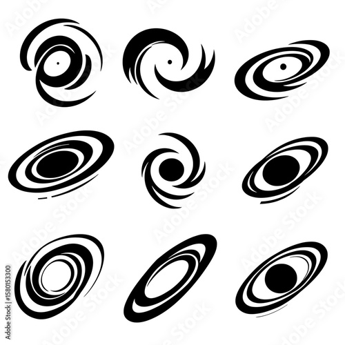 A collection of stylized, black and white swirling galaxy or vortex illustrations, ideal for science, space, or abstract design projects, offering a dynamic visual element.