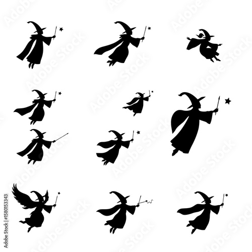A collection of whimsical witch silhouettes, each holding a magic wand, flying in various dynamic poses against a plain white backdrop, perfect for Halloween designs.