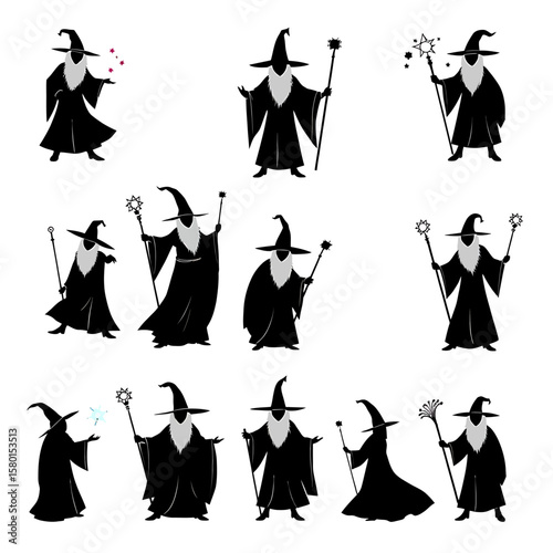 Collection of wizard silhouettes showcasing a variety of poses and magical elements, perfect for fantasy illustrations, game design, and creative projects on a white background.