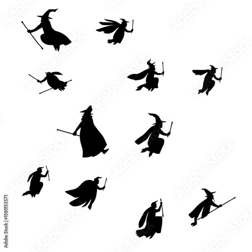 Silhouette vector illustration showcases a group of witches flying on broomsticks, creating a spooky and whimsical Halloween atmosphere against a white backdrop.