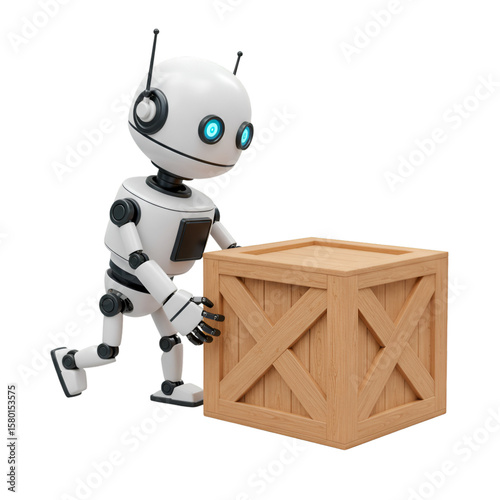 3d Rendering of Robot Pushing Crate with Automation and Transparent Background