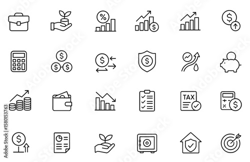 Growth & Risk Management Investment Icon Set: portfolio, mutual fund, interest, economy, savings, dividend, cashflow, insurance, inflation, financial analytics vector illustration