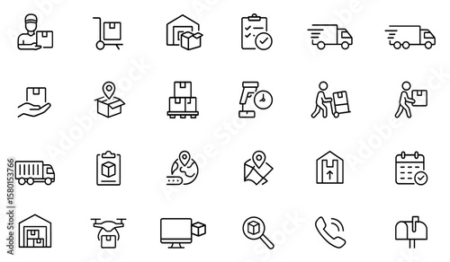 Express shipping & distribution icon set, editable stroke vector illustration of courier transport, cargo delivery, warehouse packing, order process, fast van & truck service