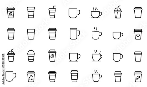 Coffee cup icon set with paper cup, disposable container, mug, and drink elements. Editable stroke vector illustration including caffeine, espresso, latte, takeaway, breakfast, refreshment