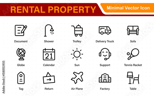 Hotel icons set. Rental property  icons. Set of apartment reservation, hotel booking, five-star hotel, service line vector web icon.Hotel universal set with Building, Parking,  Meal, Air conditioner.
