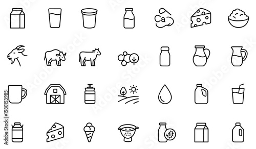 Editable stroke outline icon set of dairy and milk products. Vector illustration of fresh milk, yogurt, cream, cheese, butter, curd, goat, buffalo, cattle, calcium, beverage, farm, organic, packaging