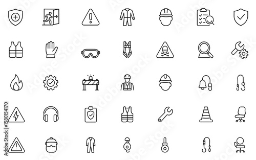 Editable stroke vector illustration icon set for workplace safety and labor protection: insurance, fire exit, notification, overalls, safety signs, hazard alerts, riskmanagement, compliance