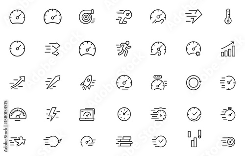 Editable Stroke Speed Outline Icon Set Vector Illustration Featuring Speedometer, Turbo, Indicator, Movement, Fast, Slow, Speeding, Productivity, Motion Gauge, Performance Tracker