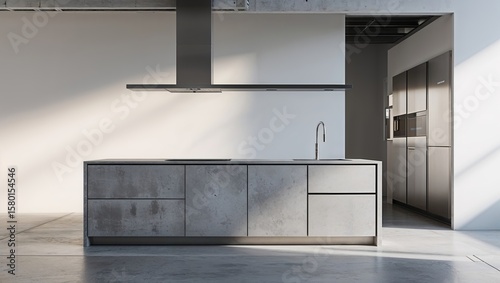 Modern minimalist kitchen design with concrete finishes and ample natural light in a spacious interior setting