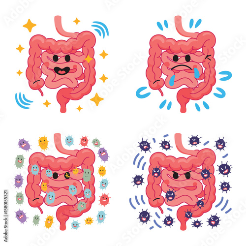 Cartoon intestines showing healthy and unhealthy states with good and bad bacteria