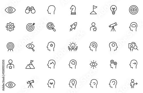 Vision icon line set with eye, binocular, look, idea, strategy, mission, target, leadership, innovation, goal, discovery, imagination, solution, vector illustration, editable stroke