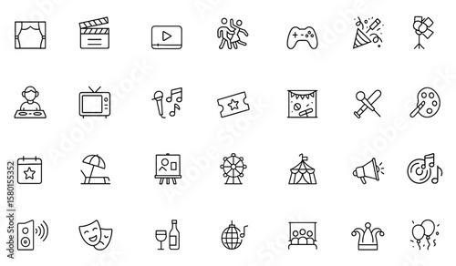 Entertainment vector icon set. Contains cinema, theater, video, dance, game, concert, party, karaoke, music, ticket, festival, sport, art, event, leisure, lifestyle, outline, pictogram