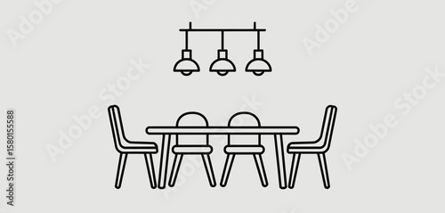 Minimalist line art dining table with chairs and pendant lights
