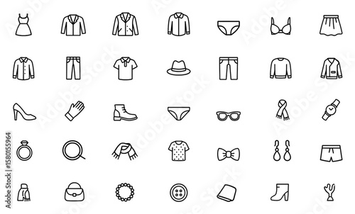 Fashion and Clothing icon set. Contains icon, dress, fashion, clothing, jacket, t-shirt, coat, shoe, underwear, bra, skirt, shirt, jeans, polo, hat, wardrobe, trousers