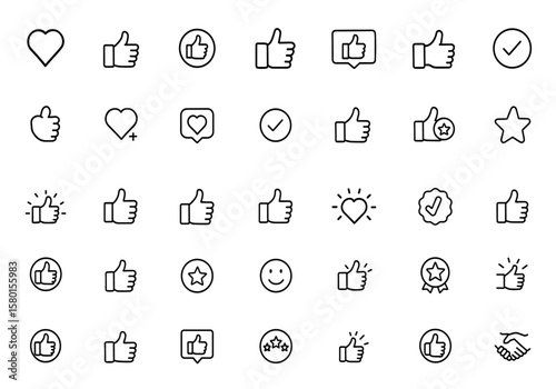 Like outline icon set in editable stroke vector illustration. Contains thumbs up, positive, favorite, approval, appreciation, validation, satisfaction, rating, social, media, network, quality