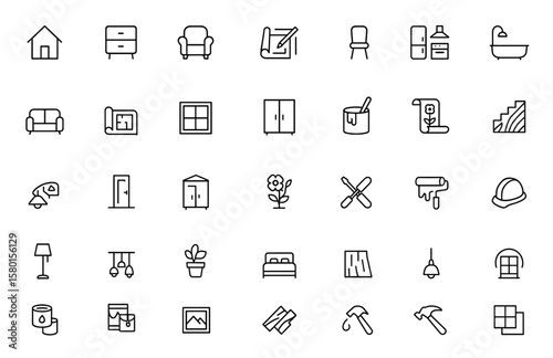 Home interior icon set, outline furniture symbols, house decoration, apartment design, room improvement, kitchen, bathroom, living, architecture, editable stroke, vector illustration