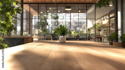 Modern office interior design with plants and wooden table for coworking and relaxation space silhouette
