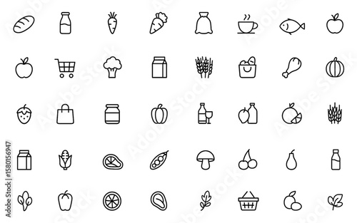 Versatile Supermarket & Grocery Icon Set: Bakery, Milk, Vegetable, Dairy & Cheese, Rice, Coffee, Seafood & Fish, Chicken, Fruit, Shopping Cart; Vector icons & e-commerce symbols, food icons