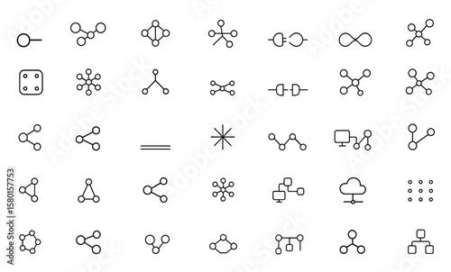 Editable stroke vector icons set of connection line network join, cable integration, collaboration, interaction & connectivity mapping, digital networking symbols, IoT network diagram