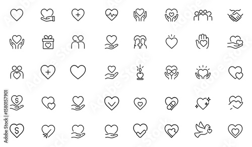 Emotional heart outline icon set – charity, caring & love for healthcare, life & passion in editable stroke vector illustration; community support, volunteer donation & heartbeat icons