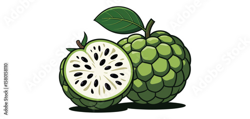 Illustration of a green custard apple fruit cut in half showing seeds and a whole fruit