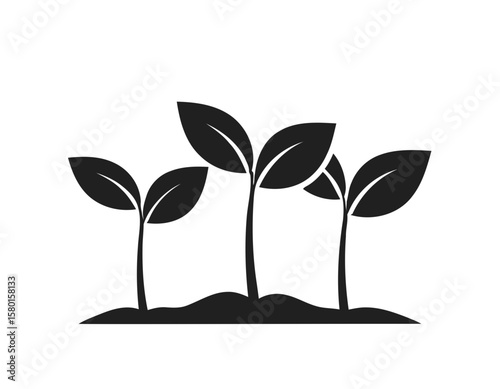 Black-and-white vector image of seedlings in soil