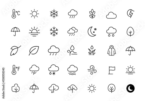 Editable weather icon set with temperature, sun, rain, snow, cloud, humidity, storm, summer, winter, spring, cloudy seasons, vector illustration, climate, forecast, thermometer, lightning, meteorology