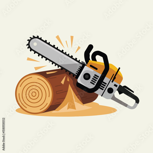 Chainsaw cutting through a wooden log with sawdust flying