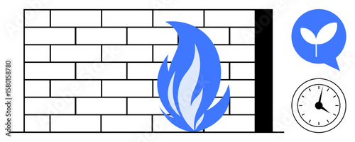 Brick wall with blue flames, speech bubble with sprout, and clock represents security, growth, eco-consciousness, reliability, sustainability, protection, and time efficiency as a simple flat
