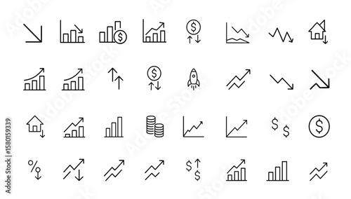Editable stroke Increase and Decrease icon set with stock market, profit, growth, fall, launch, up, down, and more icons. Vector illustration for finance, economy, investment, trend