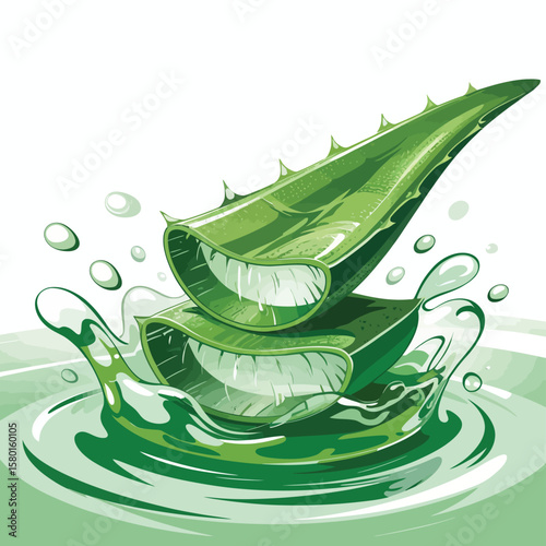 Fresh aloe vera slices splashing into green gel liquid with bubbles